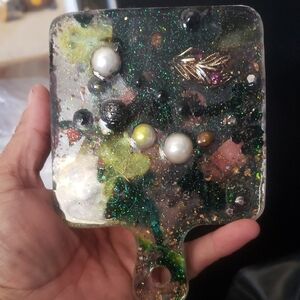 Handcrafted Resin Art Paddle with Embedded Pearls and Beads
